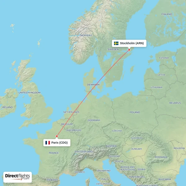 Paris - Stockholm direct flight map