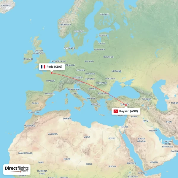 Paris - Kayseri direct flight map