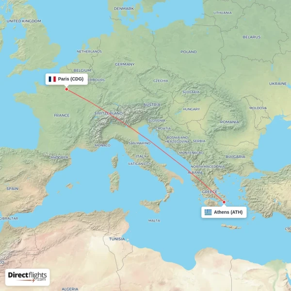 Paris - Athens direct flight map
