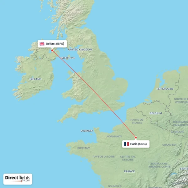 Paris - Belfast direct flight map