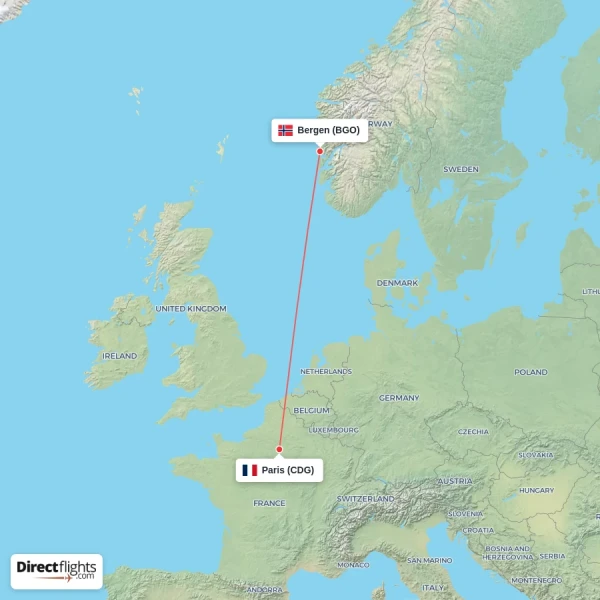 Paris - Bergen direct flight map