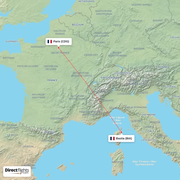 Paris - Bastia direct flight map