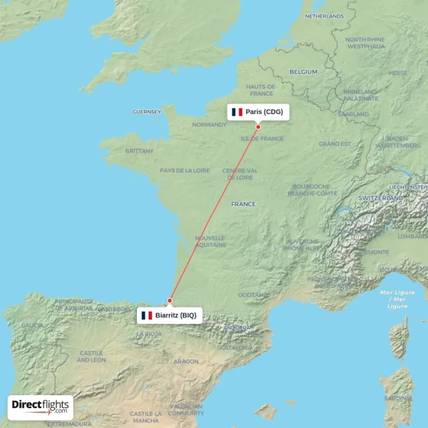 Paris - Biarritz direct flight map