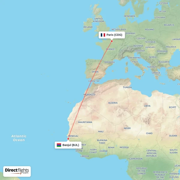 Paris - Banjul direct flight map