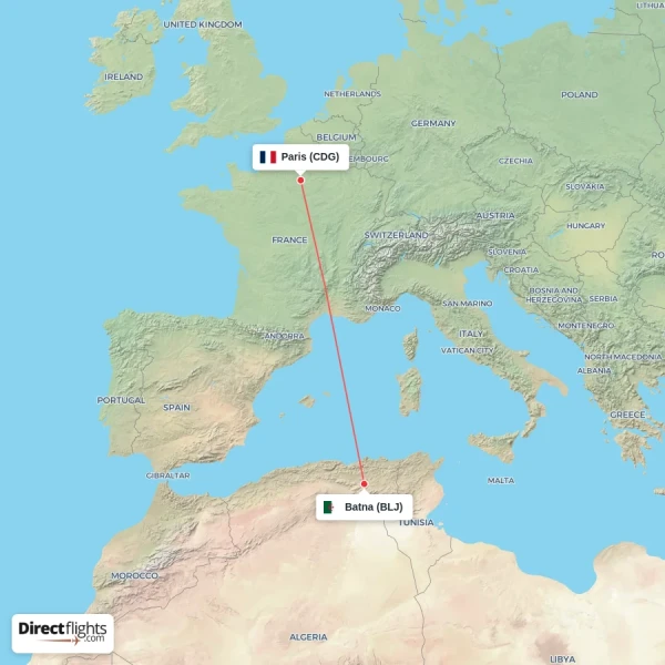 Paris - Batna direct flight map