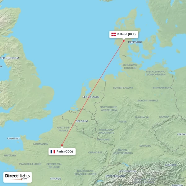 Paris - Billund direct flight map