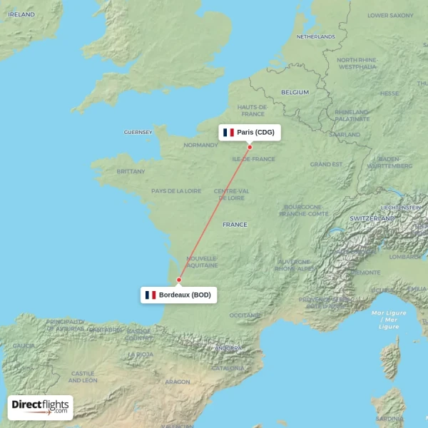 Paris - Bordeaux direct flight map