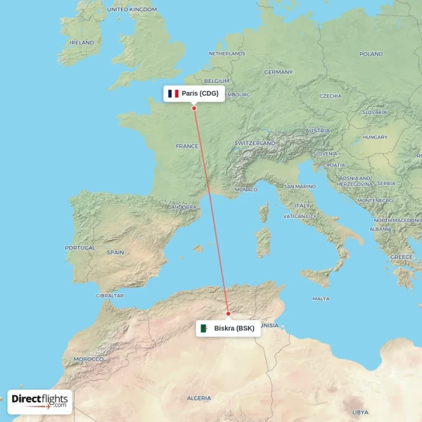 Paris - Biskra direct flight map