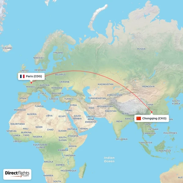 Paris - Chongqing direct flight map