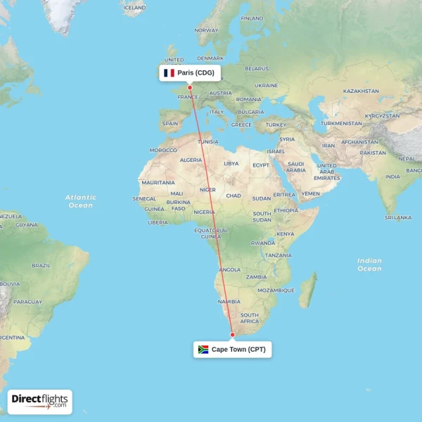 Paris - Cape Town direct flight map