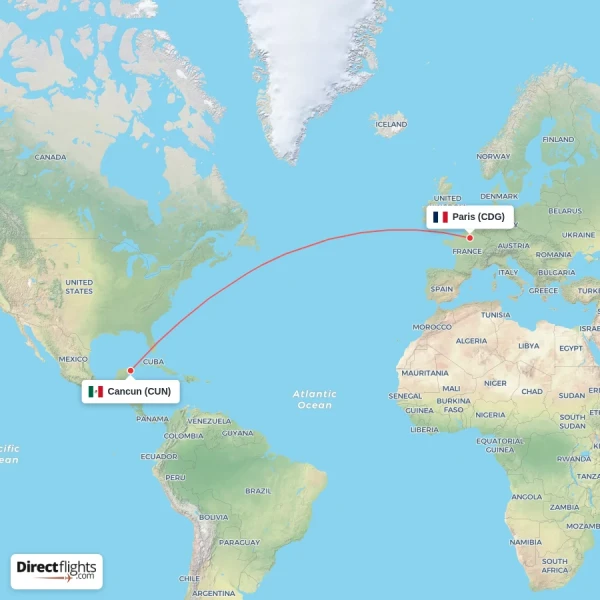 Paris - Cancun direct flight map