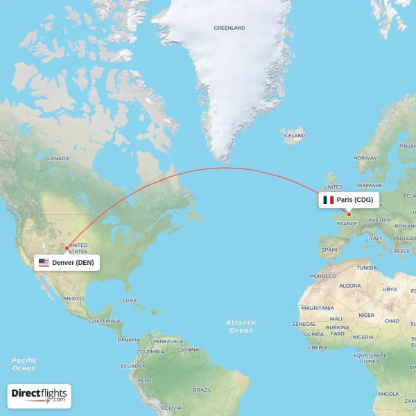 Paris - Denver direct flight map