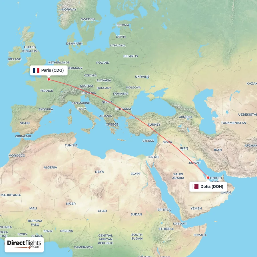 CDG - DOH route map