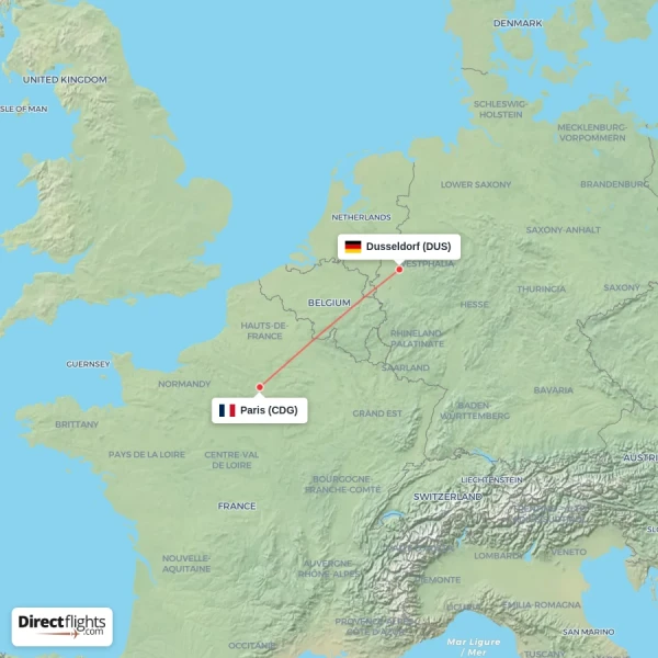 Paris - Dusseldorf direct flight map