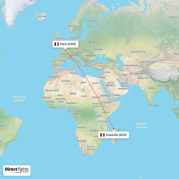 Paris - Dzaoudzi direct flight map
