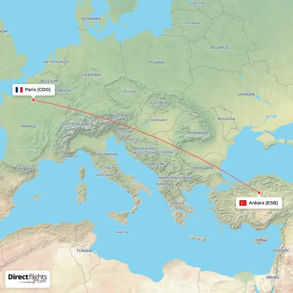 Paris - Ankara direct flight map