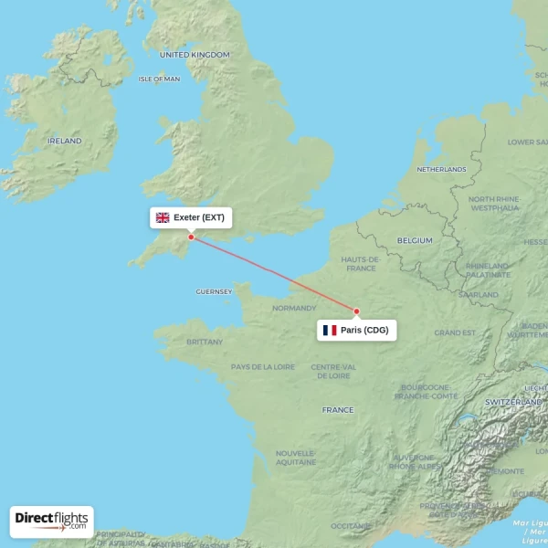 Paris - Exeter direct flight map