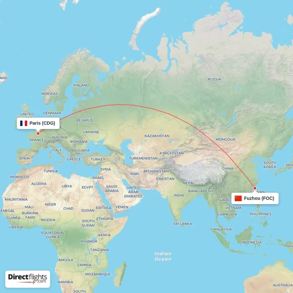 Paris - Fuzhou direct flight map