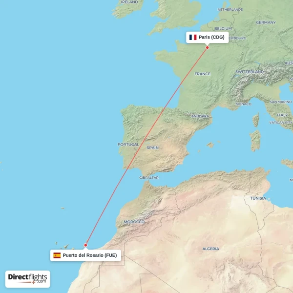 Paris - Puerto del Rosario direct flight map