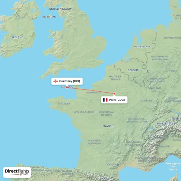 Paris - Guernsey direct flight map