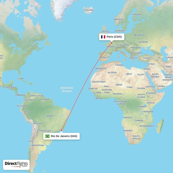 Paris - Rio De Janeiro direct flight map
