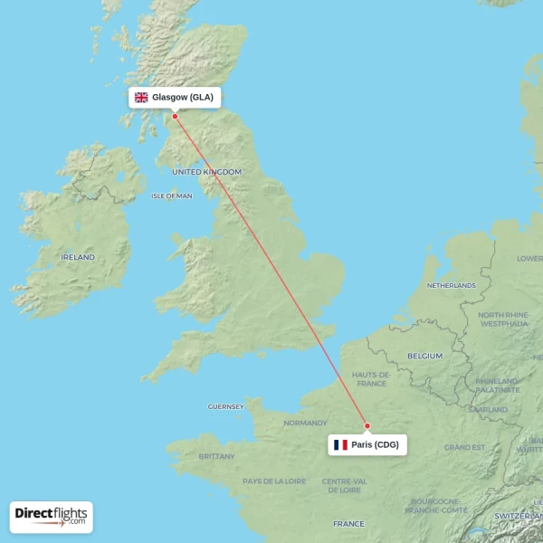 Paris - Glasgow direct flight map
