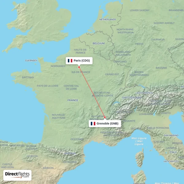 Paris - Grenoble direct flight map