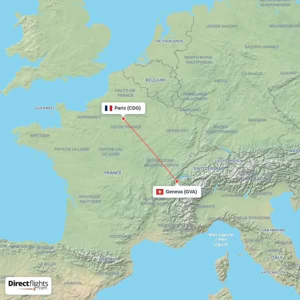 Paris - Geneva direct flight map