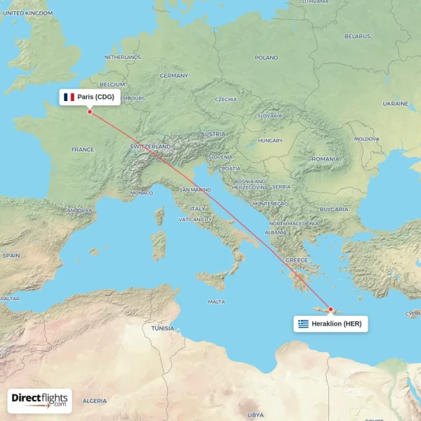 Paris - Heraklion direct flight map