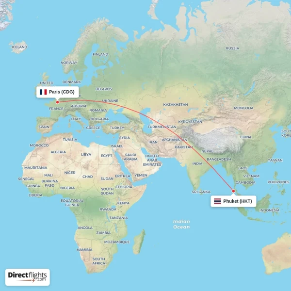 Paris - Phuket direct flight map