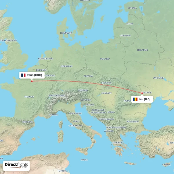 Paris - Iasi direct flight map