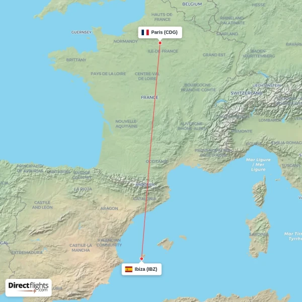 Paris - Ibiza direct flight map