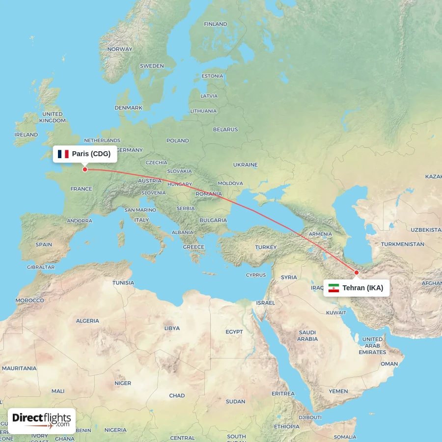 CDG - IKA route map