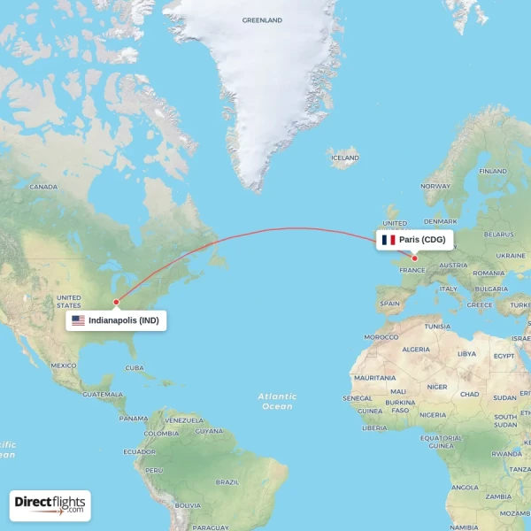 Paris - Indianapolis direct flight map