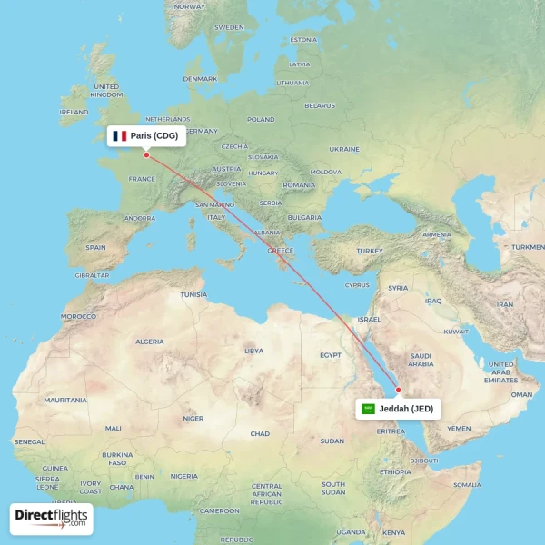 Paris - Jeddah direct flight map