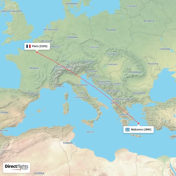 Paris - Mykonos direct flight map