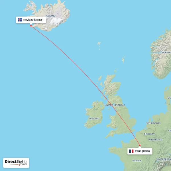 Paris - Reykjavik direct flight map