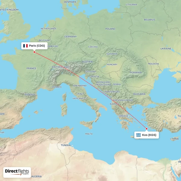 Paris - Kos direct flight map