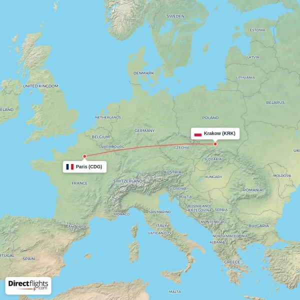 Paris - Krakow direct flight map