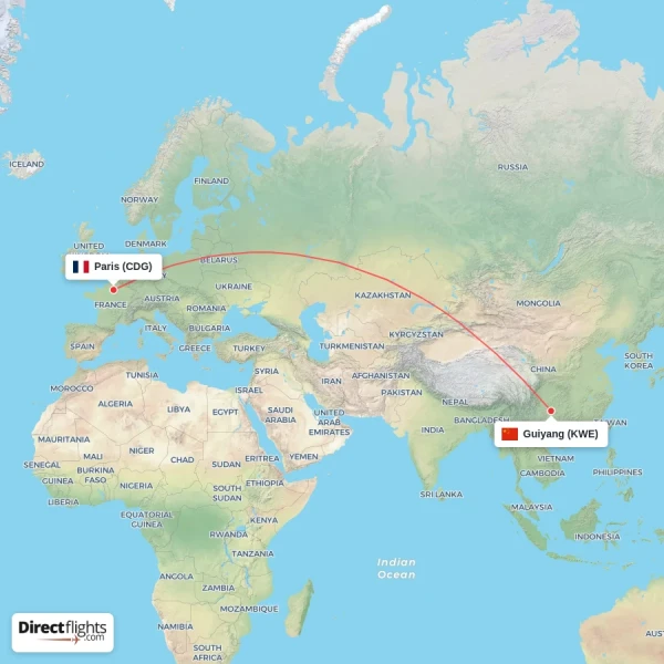 Paris - Guiyang direct flight map