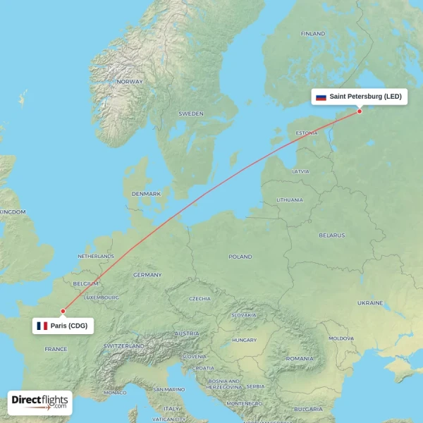 Paris - Saint Petersburg direct flight map