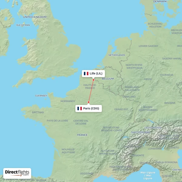 Paris - Lille direct flight map