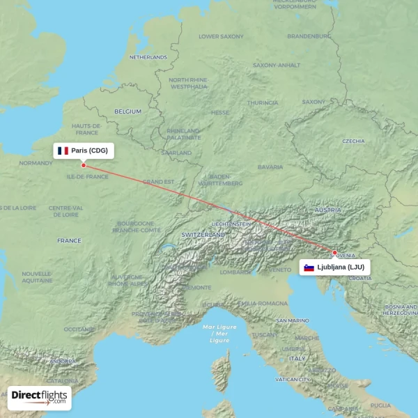 Paris - Ljubljana direct flight map