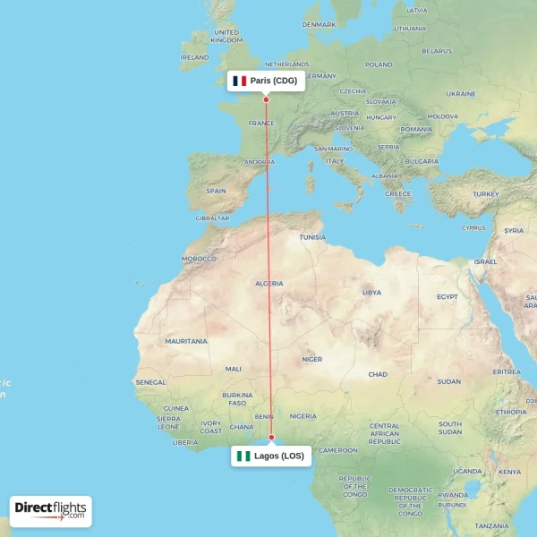 Paris - Lagos direct flight map