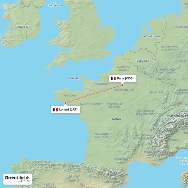 Paris - Lorient direct flight map