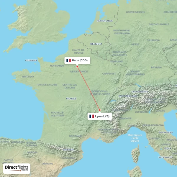 Paris - Lyon direct flight map