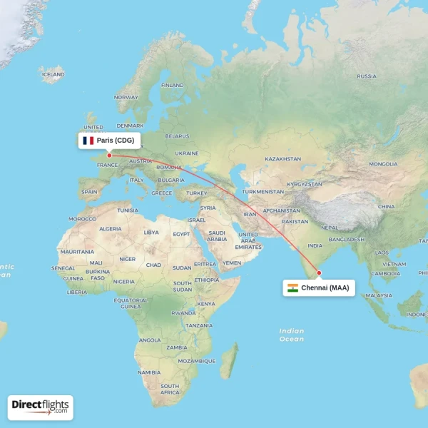 Paris - Chennai direct flight map