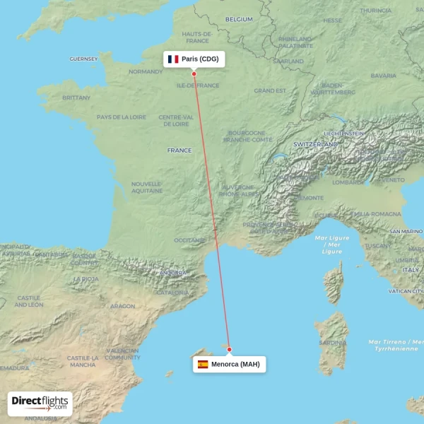 Paris - Menorca direct flight map