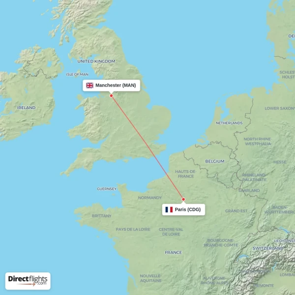 Paris - Manchester direct flight map
