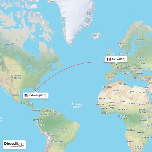Paris - Orlando direct flight map